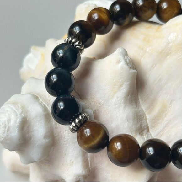 Yellow and navy Tiger Eye Beaded Bracelet 10mm sterling silver 17-19cm wrist - Picture 4 of 7